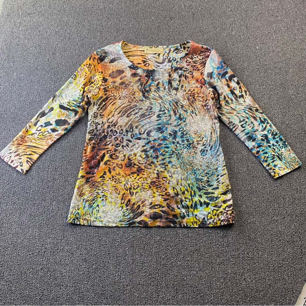 Impulse California Sequin Animal Print Multicolor 3/4 Sleeve Women's Top Y2K M
